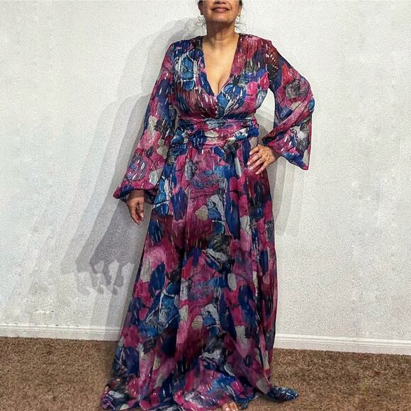 Adrienne Landau Floral Watercolor Draped High Slit Deep V Maxi Gown Sz 12 NWT - Picture 2 of 14